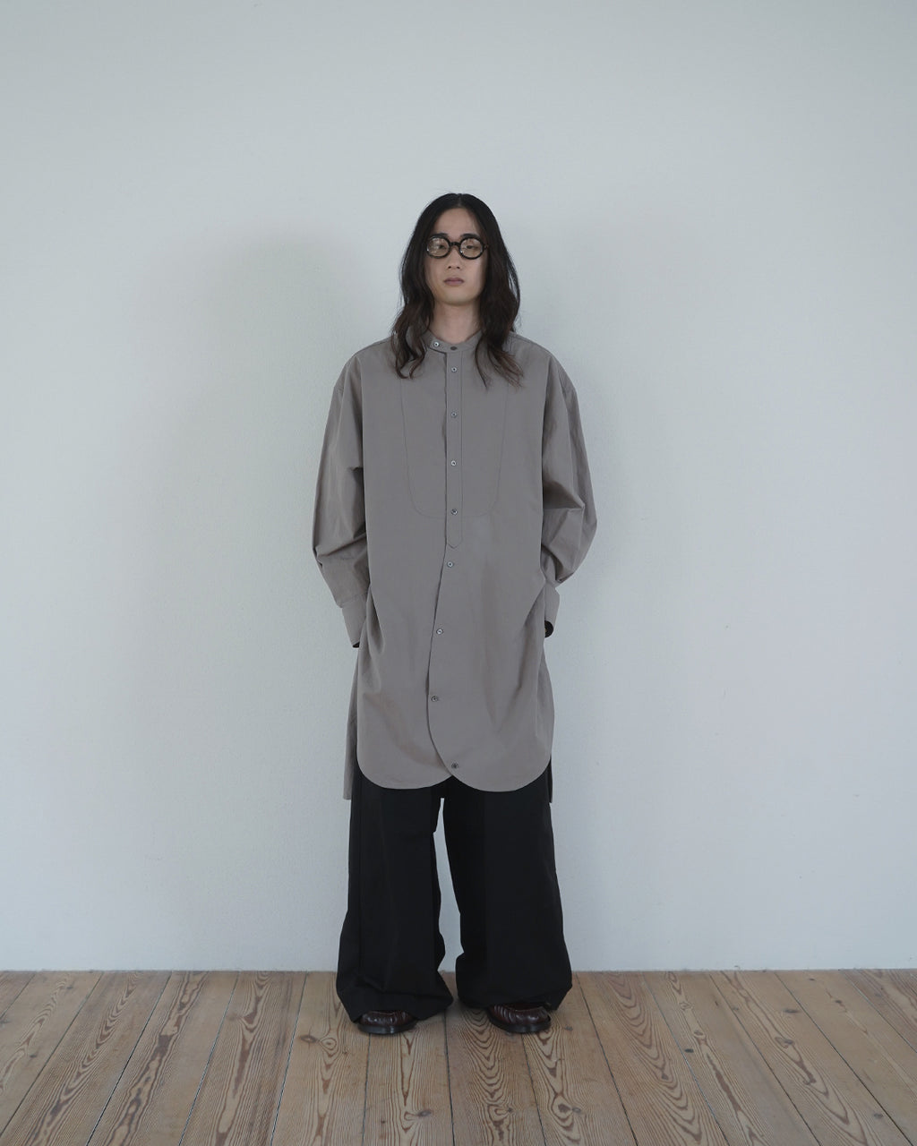 Cotton Typewriter Round Slit Long Officer Shirt <#greige>