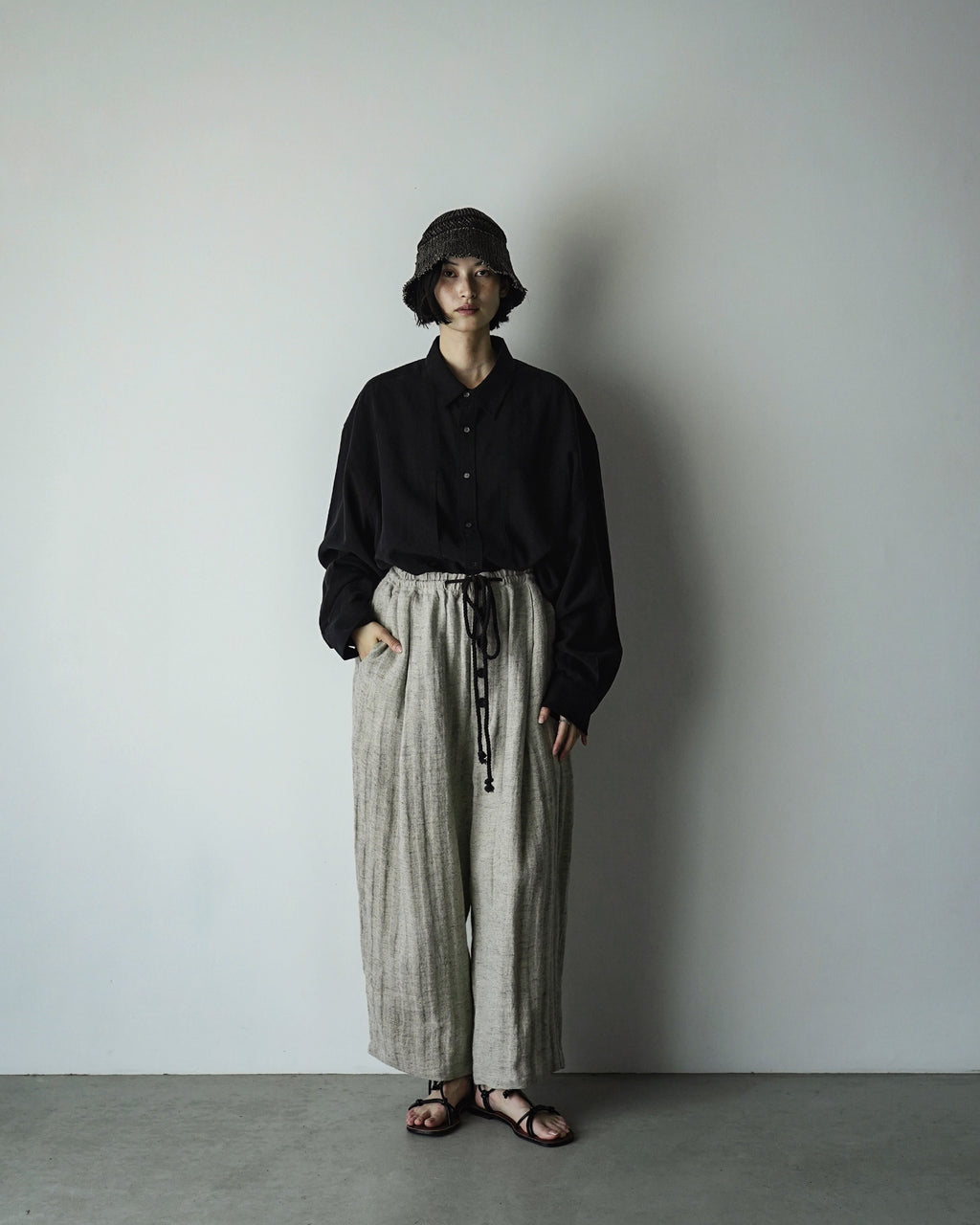 Linen Herringbone Button-Fly Easy Sarouel Pants <#heather gray>