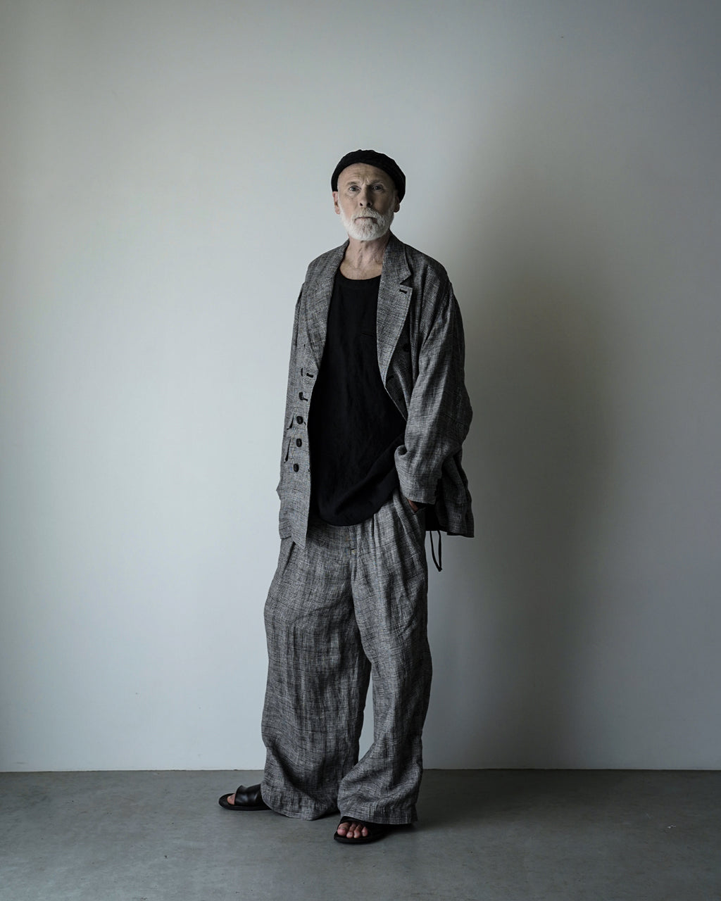 Glen Check Linen Back Belt 3Tuck Wide Straight Trousers <#glen check>