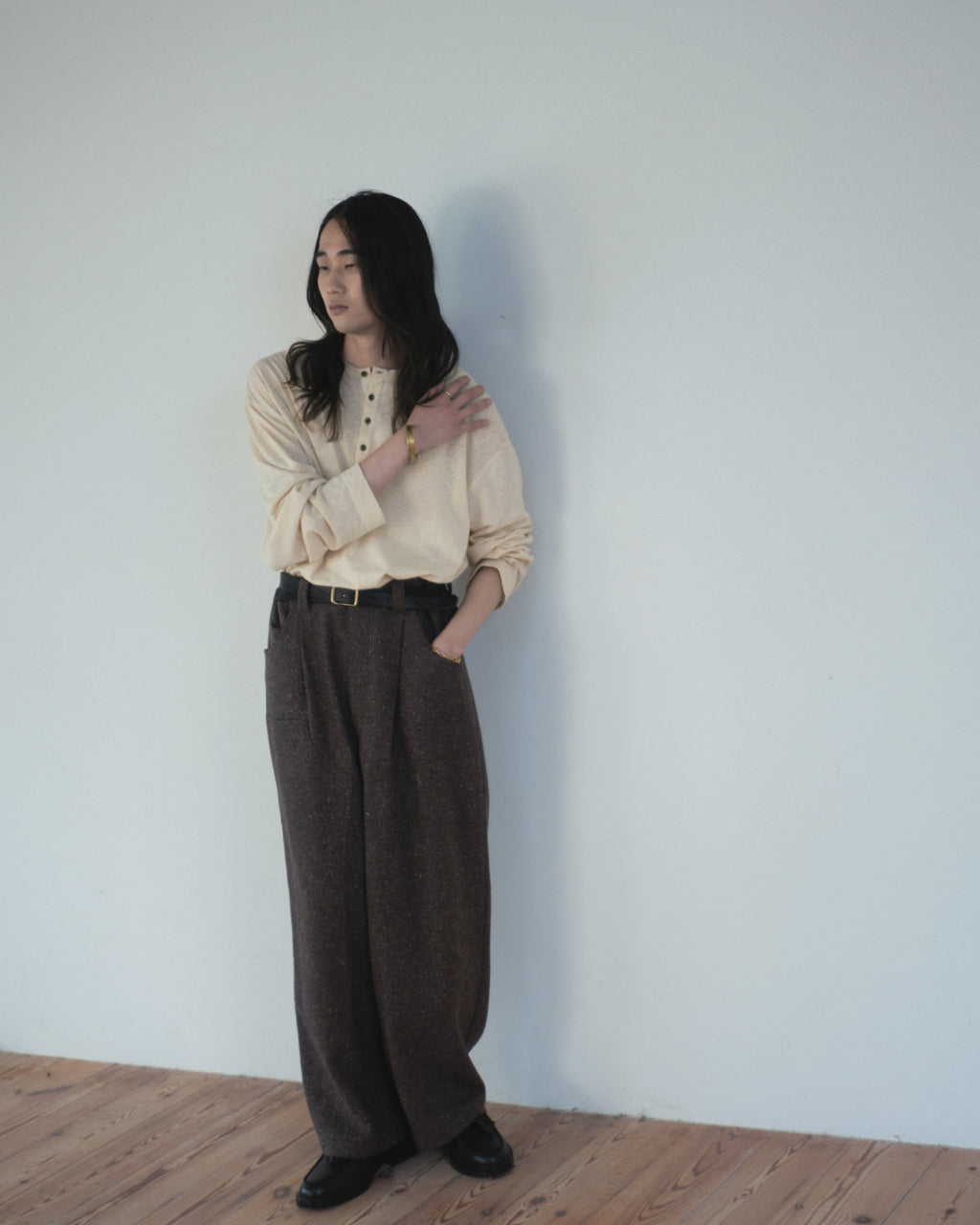 Linen Jersey Henley Neck Middle Length L/S Tee <#ivory>