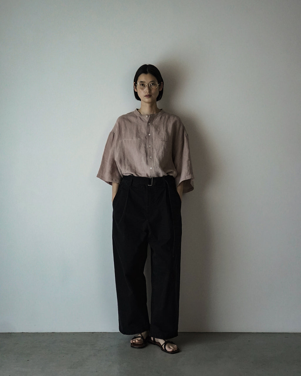 Cotton Chino Belted Wide Tapered 1Tuck Baggy Pants <#black>