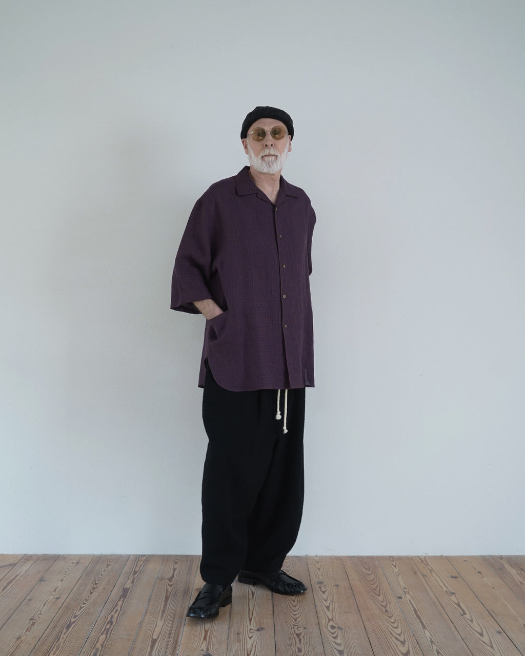 Wash Linen Open Collar 3/4 Sleeve Sleeping Shirt <#brown×navy>