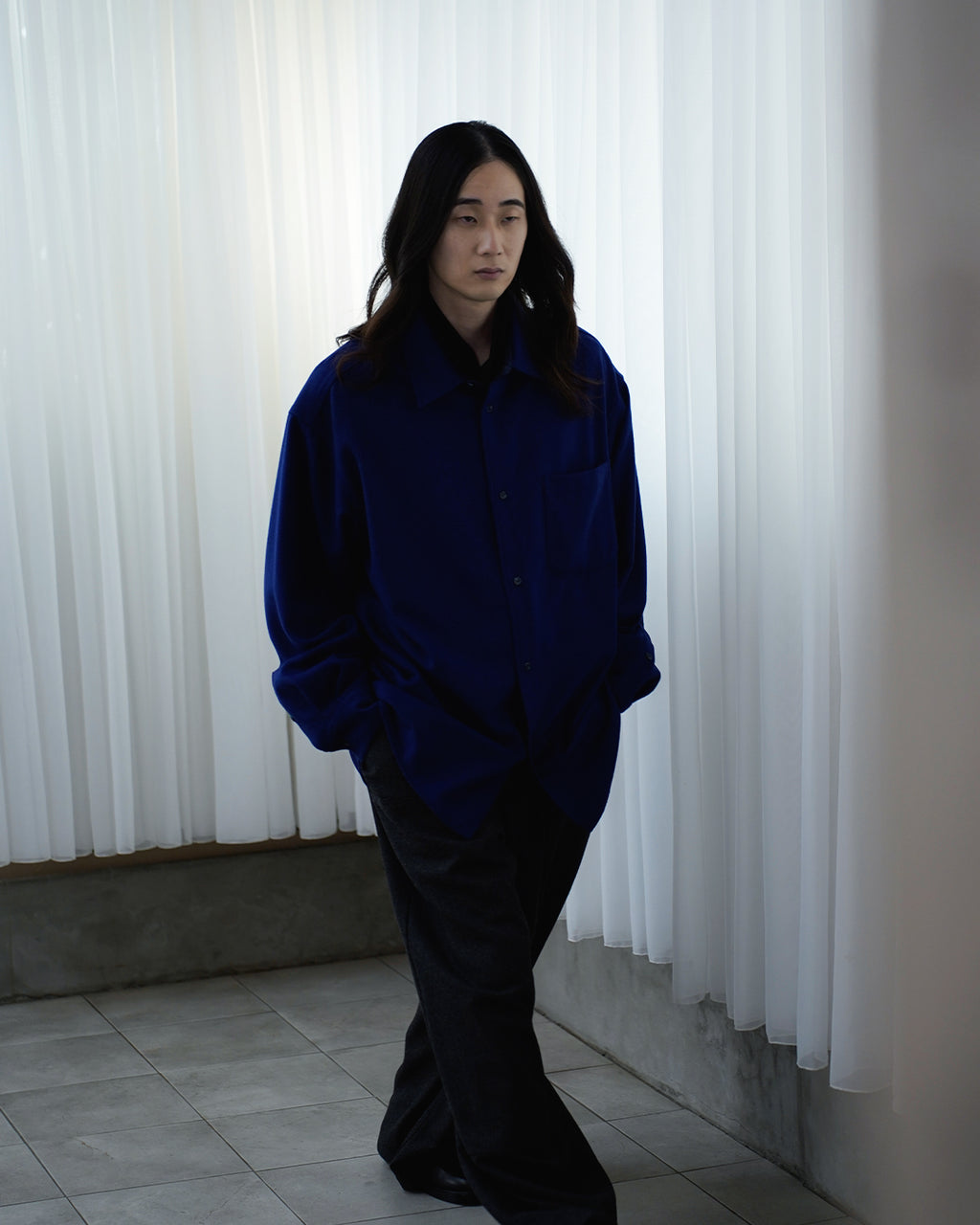 Wool Blend Heavy Flannel Wide Tuck Over Shirt <#royal blue>