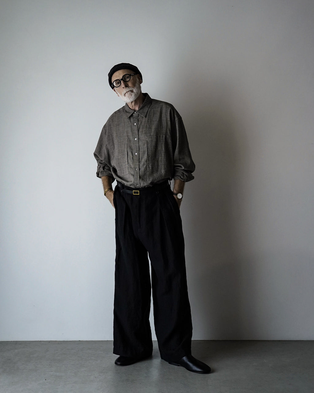 French Linen Back Belt 3Tuck Wide Straight Trousers <#black>