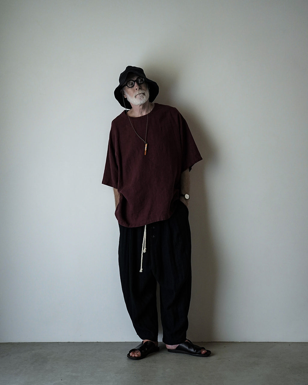 French Linen Crew Neck Half Sleeve Oversized Pullover <#burgundy>
