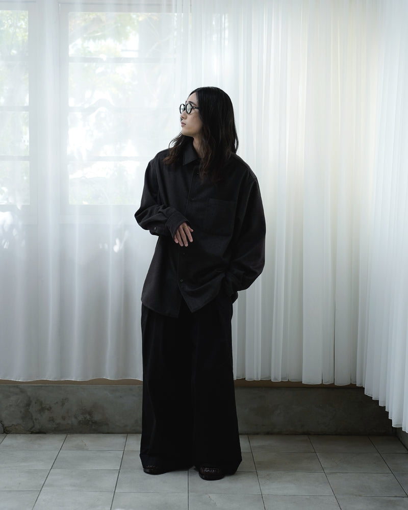 Wool Blend Heavy Flannel Wide Tuck Over Shirt <#olive>