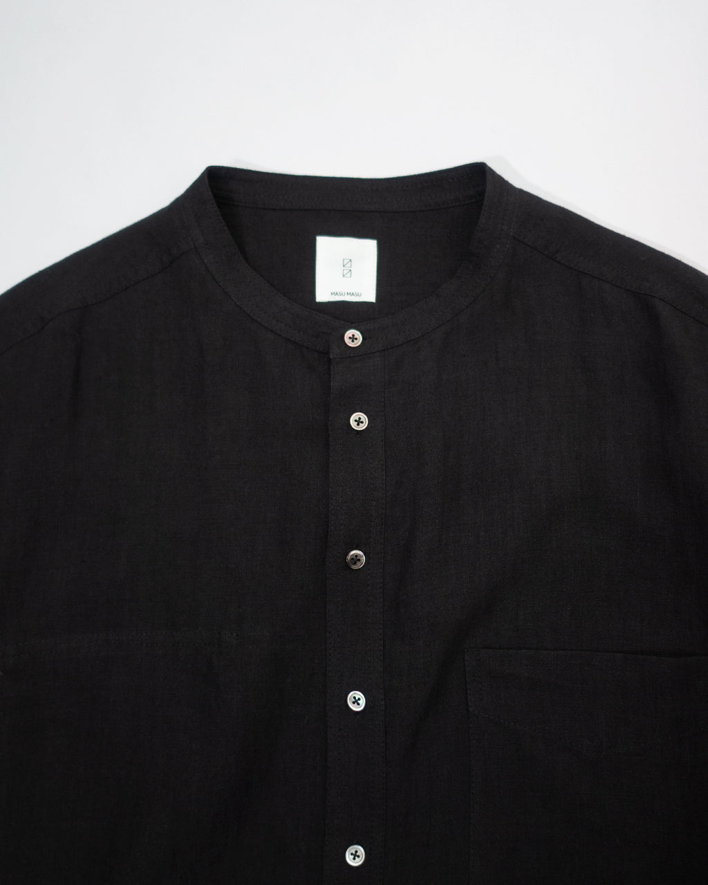 Wash Linen Band Collar Henley Neck Like Half Sleeve Atelier Shirt <#black>