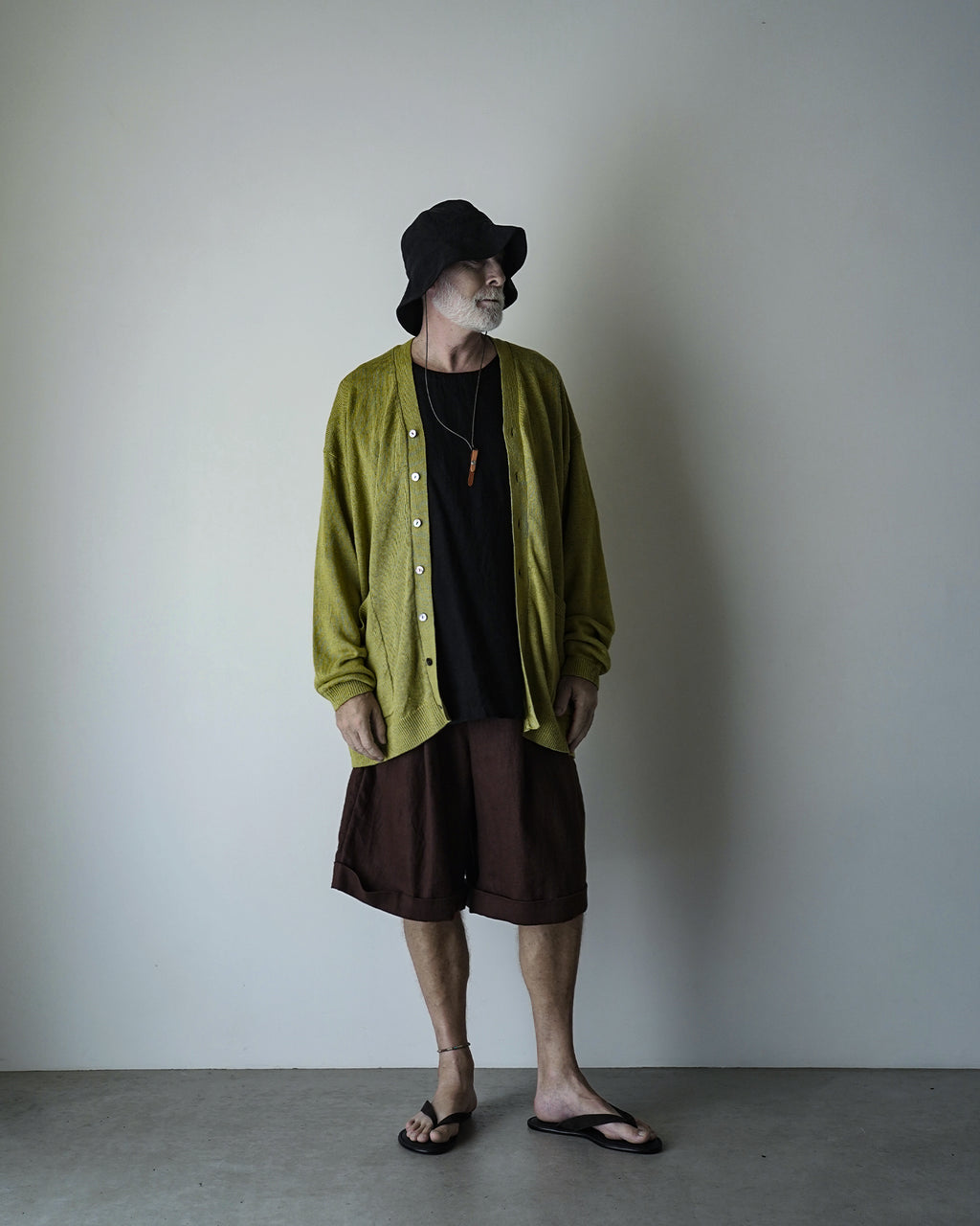Linen Mid-Gauge V-Neck Knit Gown Cardigan <#yellow>