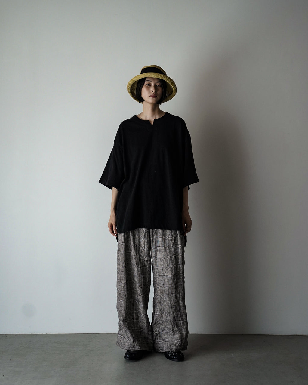Glen Check Linen Back Belt 3Tuck Wide Straight Trousers <#glen check>
