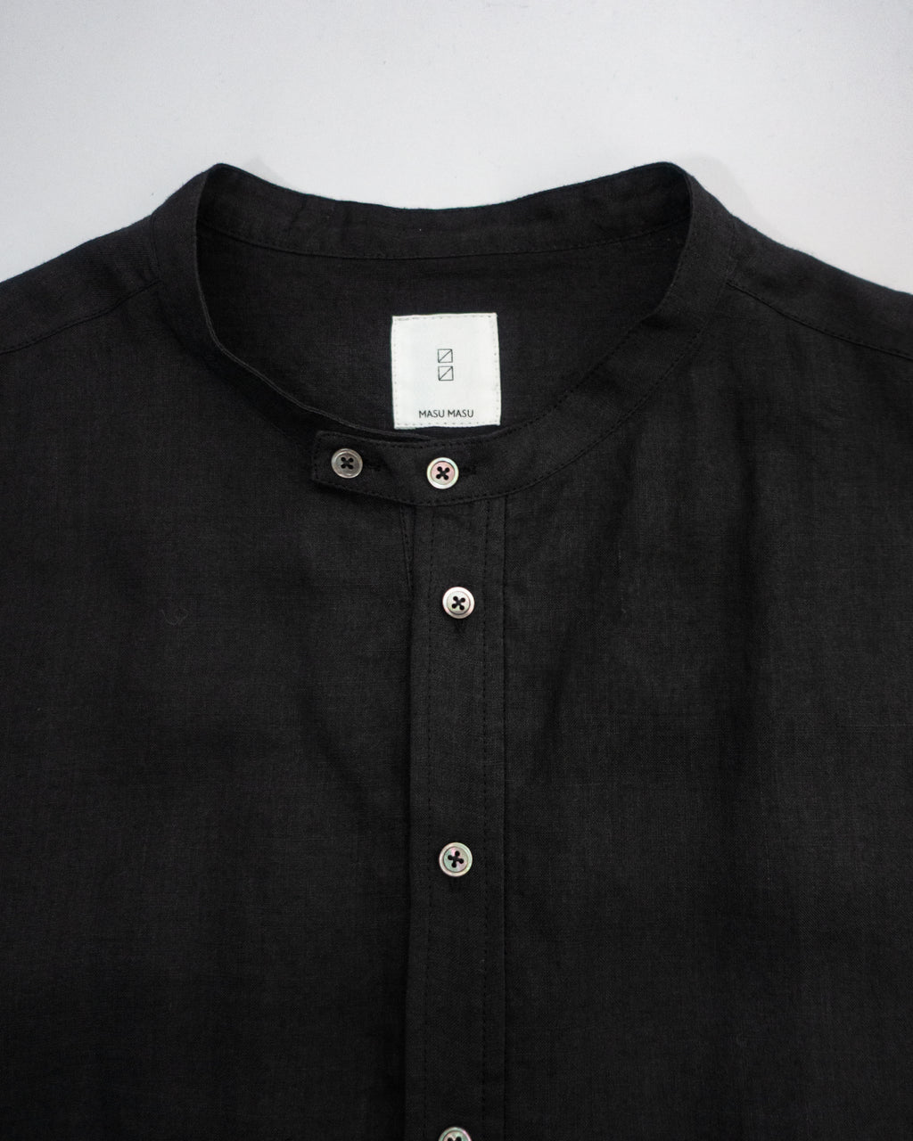 Linen Band Collar Round Slit Long Officer Shirt <#black>