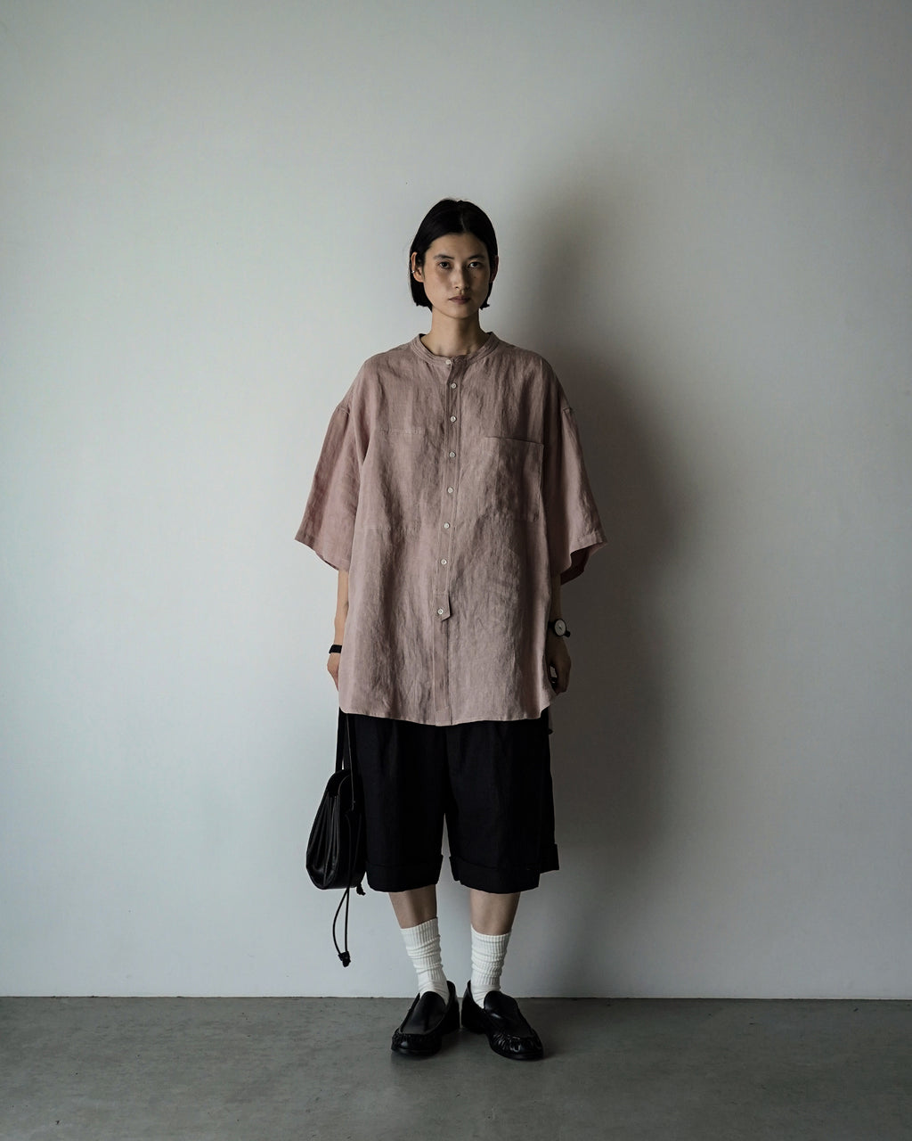 Wash Linen Band Collar Henley Neck Like Half Sleeve Atelier Shirt <#smoke pink>