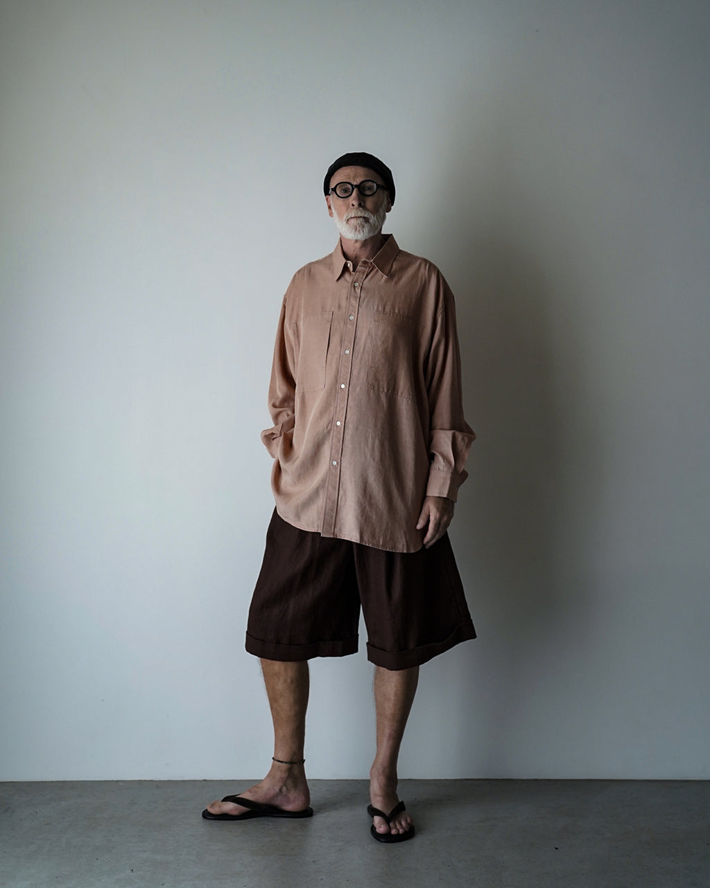 Linen-Tencel Double Pocket Regular Collar Over Shirt <#smoke pink>