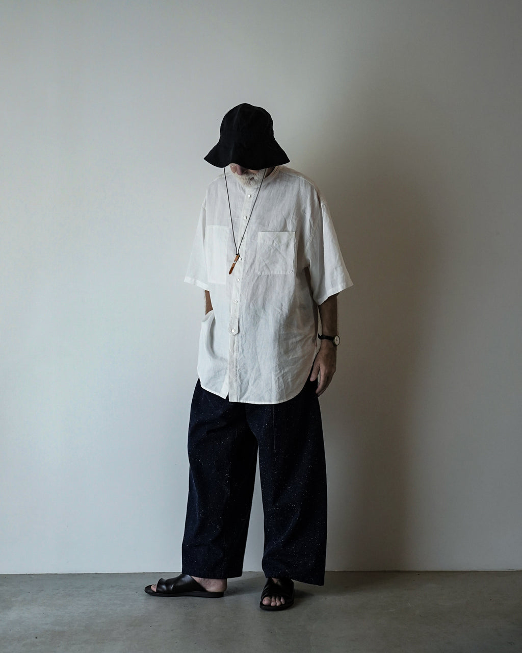 Wash Linen Band Collar Henley Neck Like Half Sleeve Atelier Shirt <#off white>