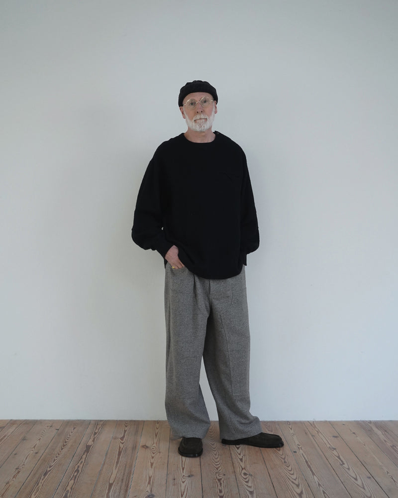 Shetland Wool Linen Crew Neck LS Tuck Rib Pullover <#black>