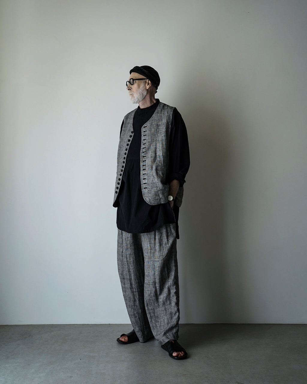 Glen Check Linen Back Belt 3Tuck Wide Straight Trousers <#glen check>