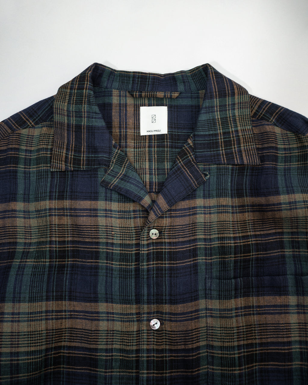 Linen Madras Check Open Collar Long-Sleeve Gathered Shirt<#navy check>