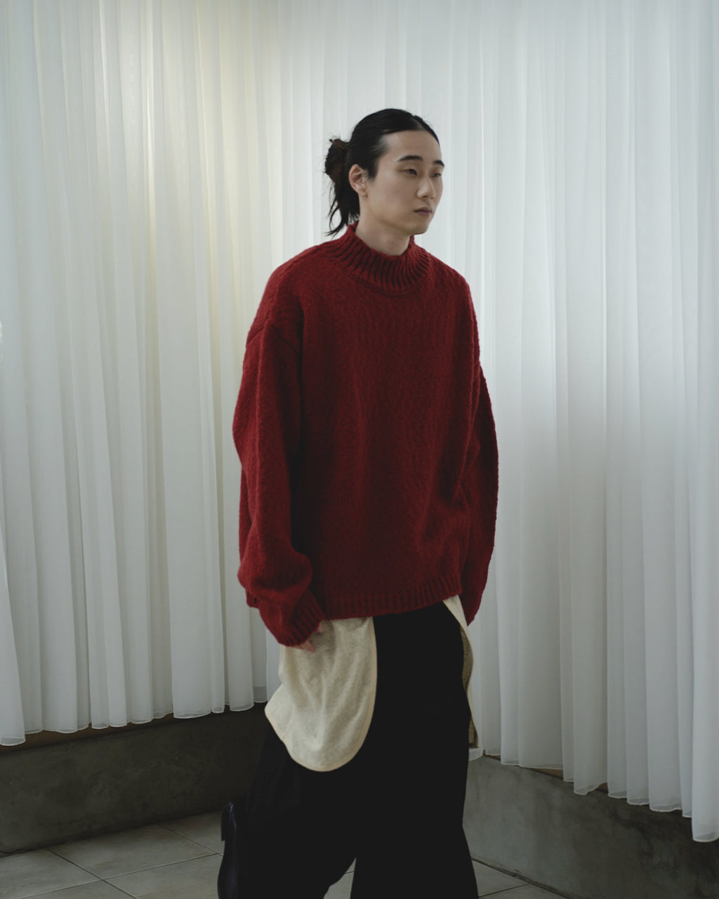 Wool Blend High Neck Hand-like Knit / Sweater <#red>