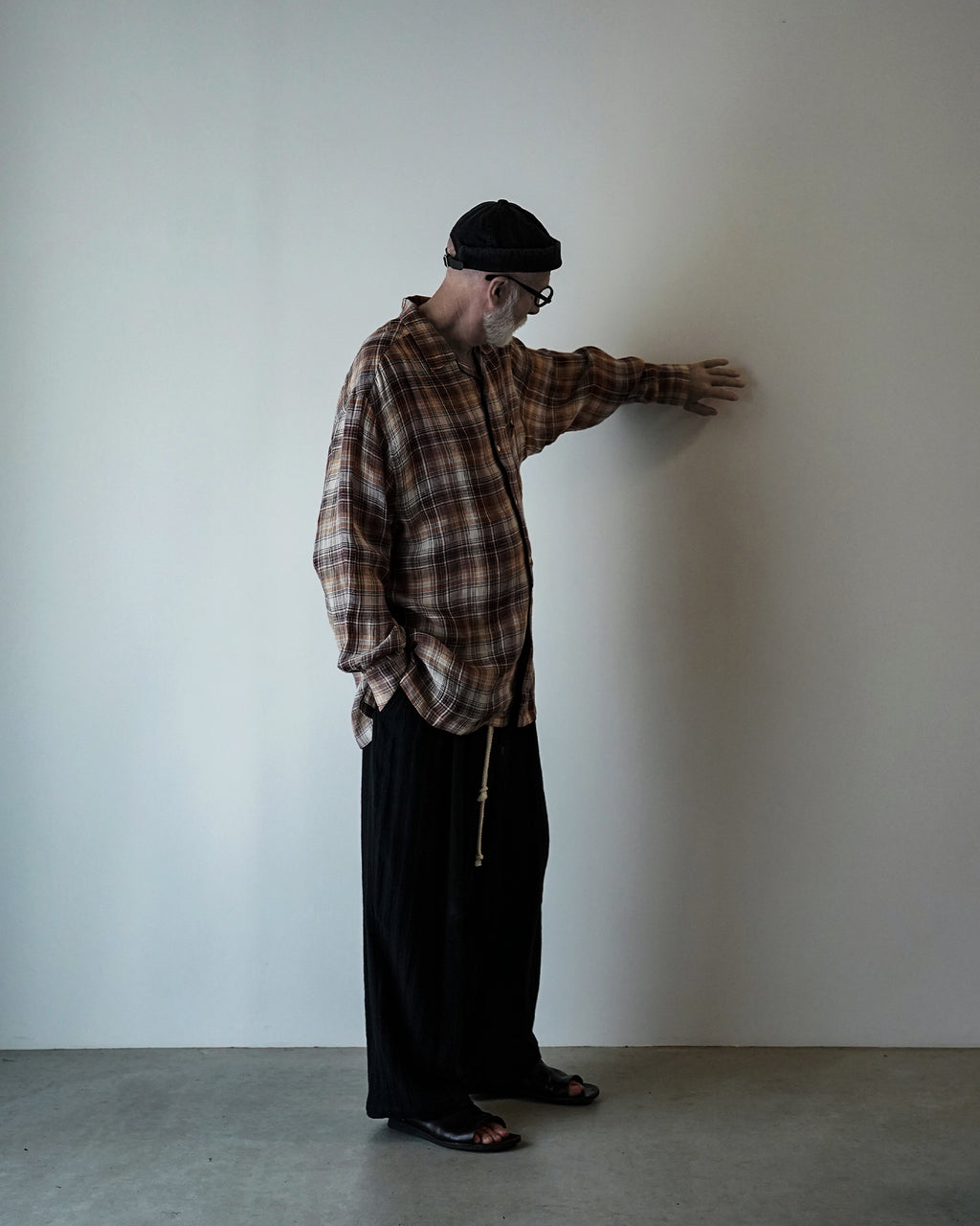 Linen Madras Check Open Collar Long-Sleeve Gathered Shirt<#red check>