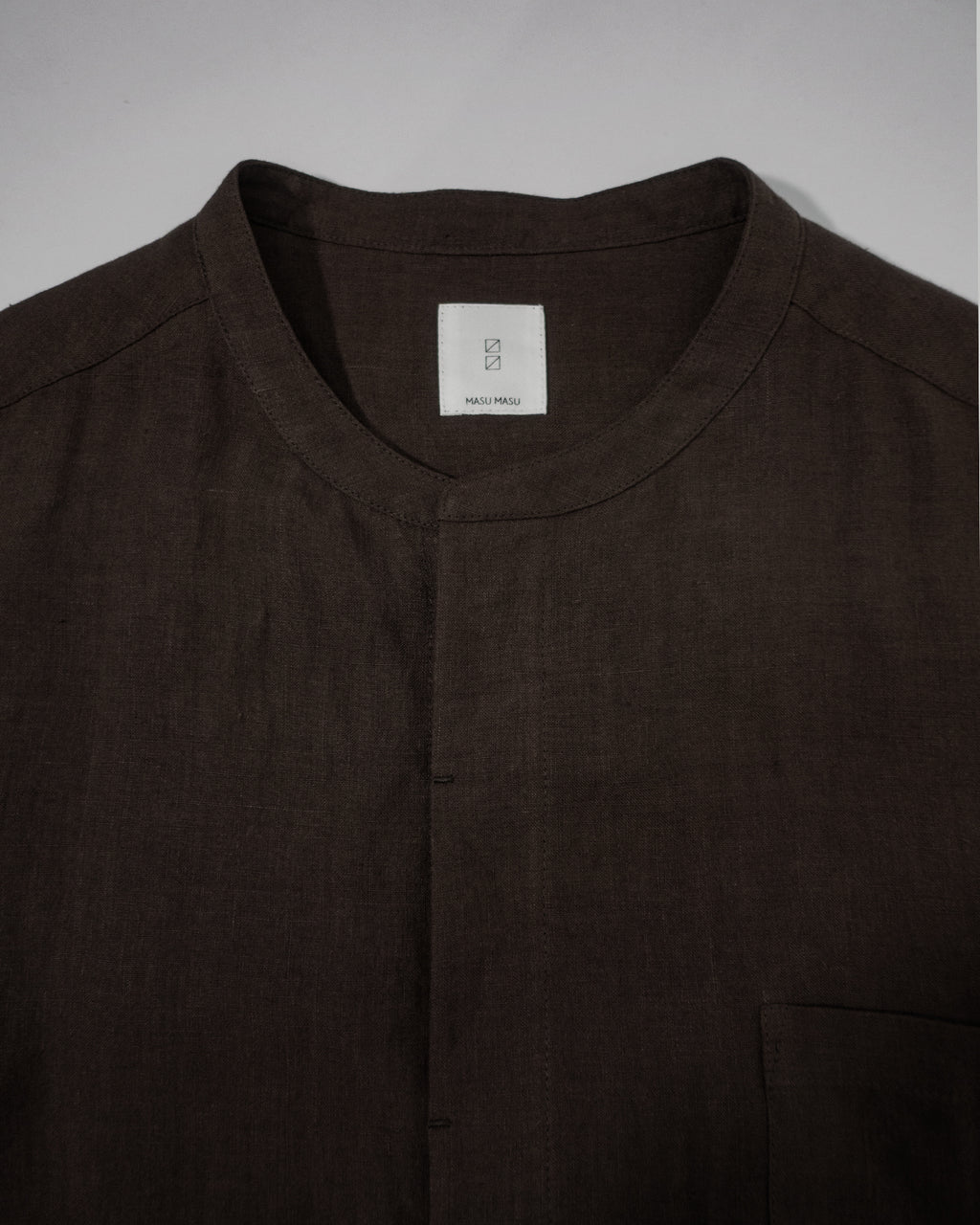 Wash Linen Band Collar Long-Sleeve Jumpsuit <#brown>