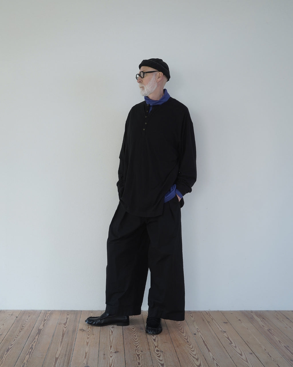 Linen Jersey Henley Neck Middle Length L/S Tee <#black>