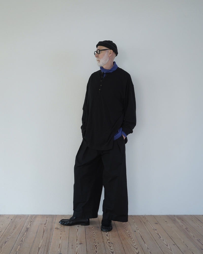 Linen Jersey Henley Neck Middle Length L/S Tee <#black>