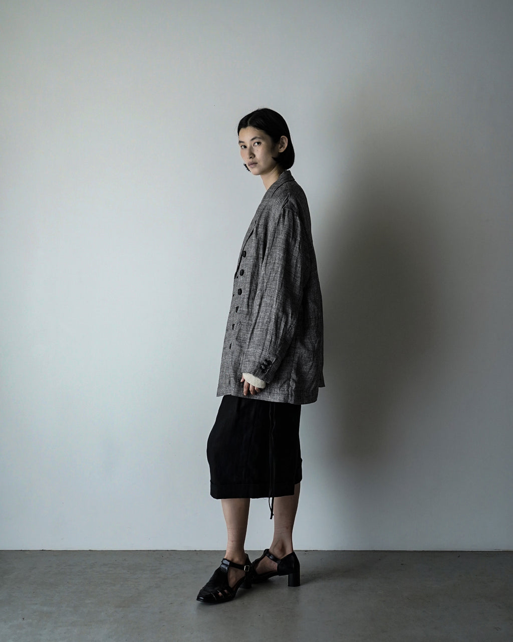 Glen Check Linen Back-Open Button Design Semi-Double Jacket <#glen check>