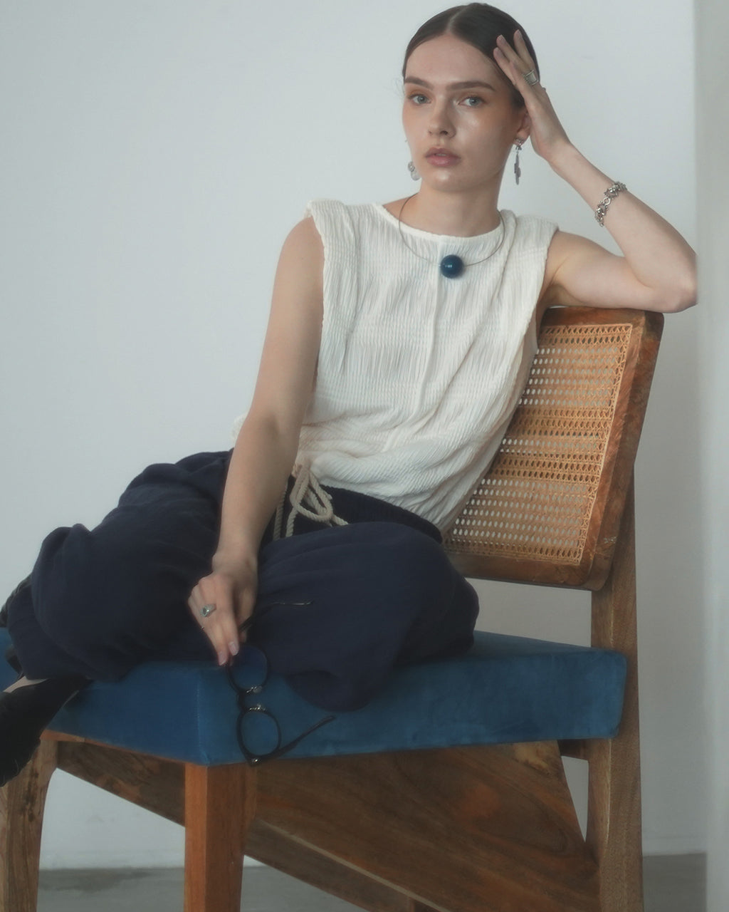 Ankle Length Easy Sarouel Pants <#navy>