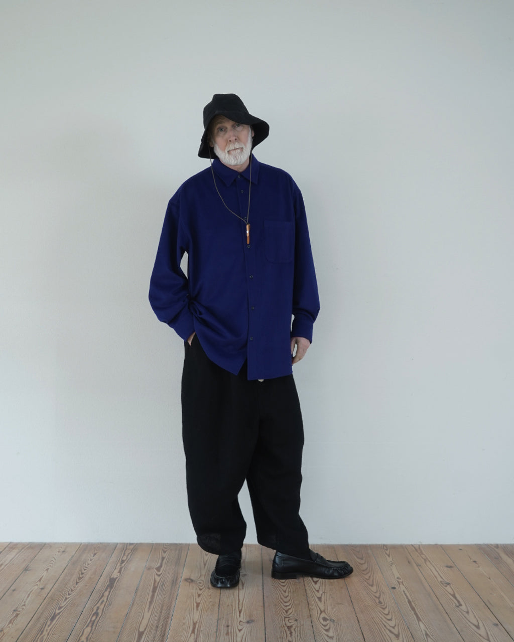 Wool Blend Heavy Flannel Wide Tuck Over Shirt <#royal blue>