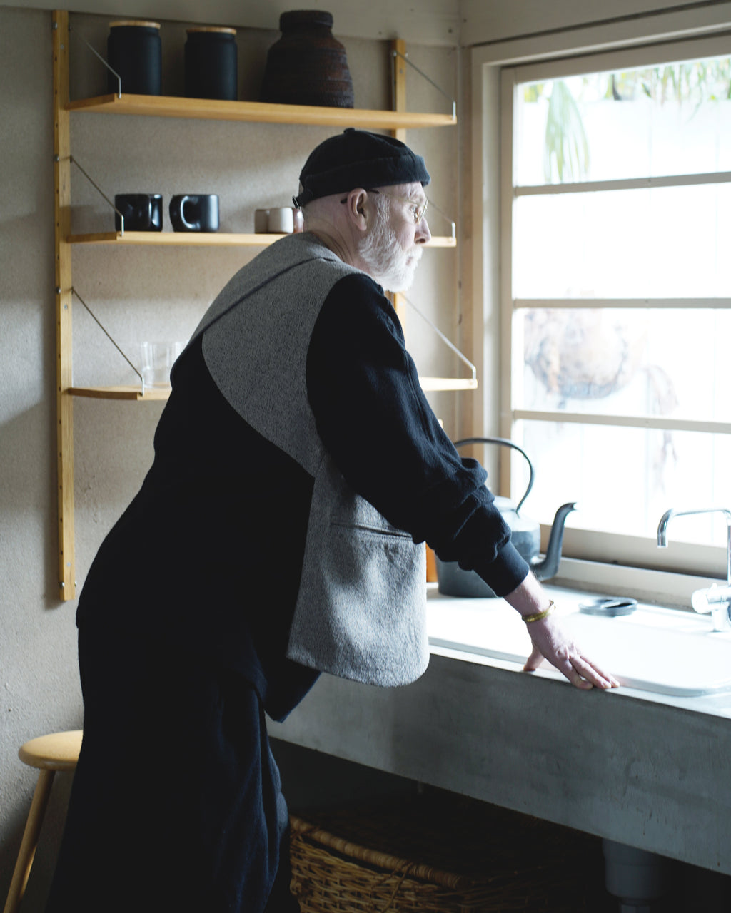 Wool Blend Tweed Back-Open Layered Crew Neck Vest <#greige>
