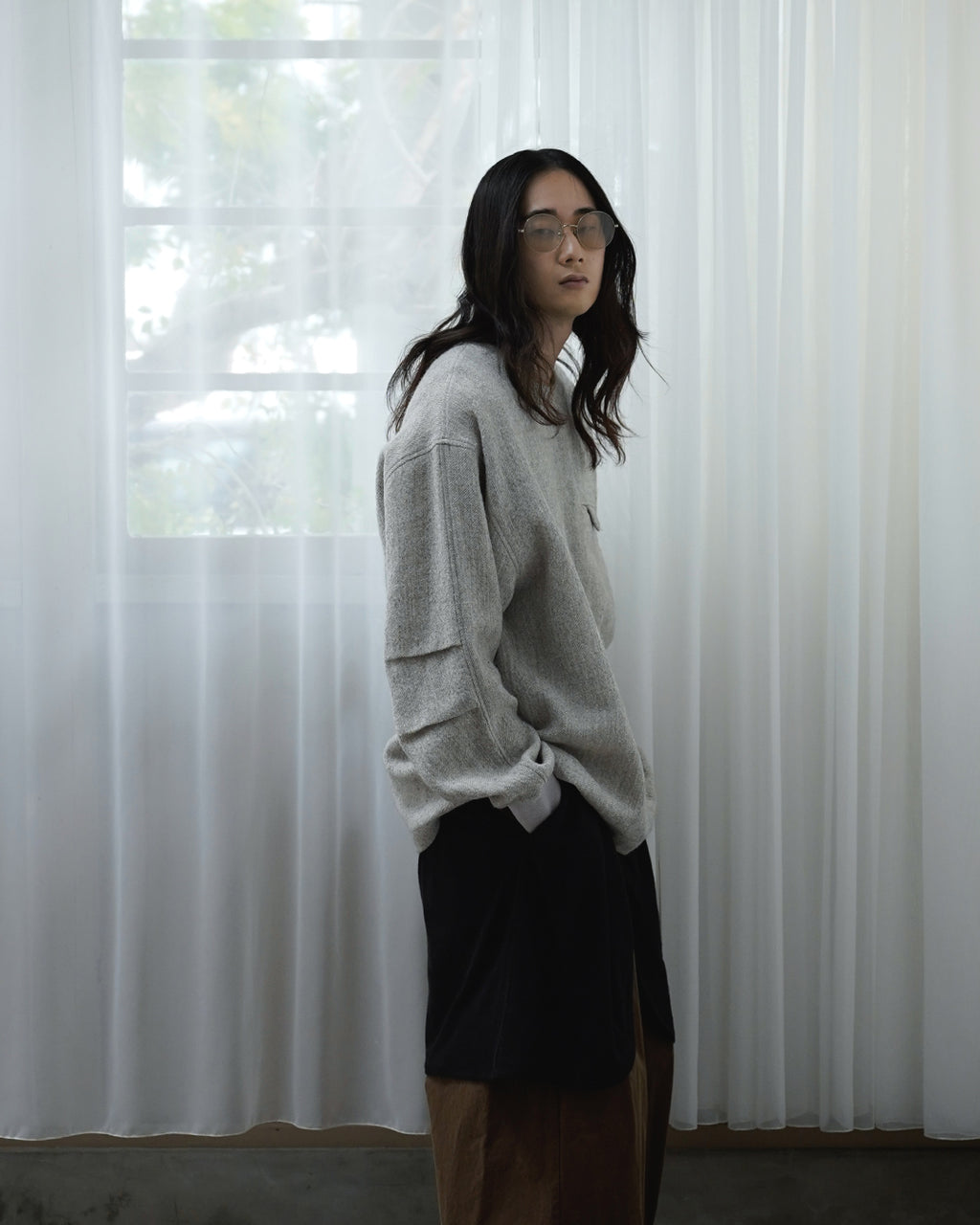 Shetland Wool Linen Crew Neck LS Tuck Rib Pullover <#light gray>