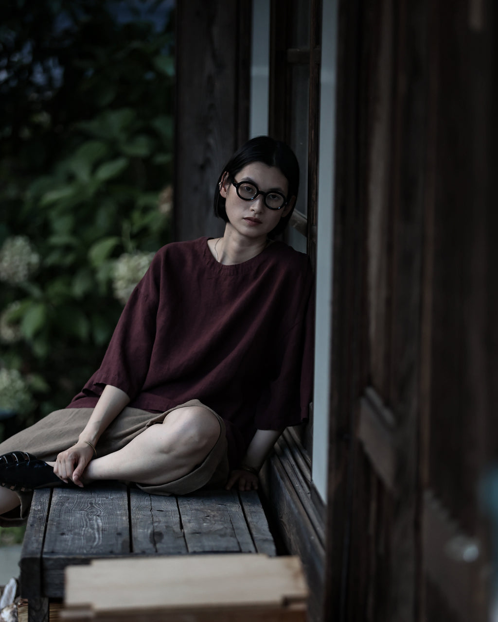 French Linen Crew Neck Half Sleeve Oversized Pullover <#burgundy>