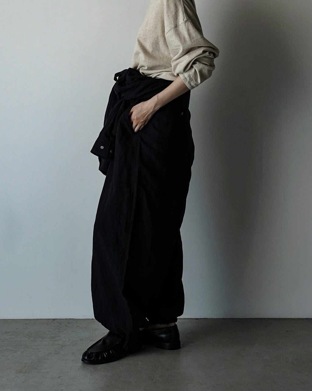 Wash Linen Band Collar Long-Sleeve Jumpsuit <#black>