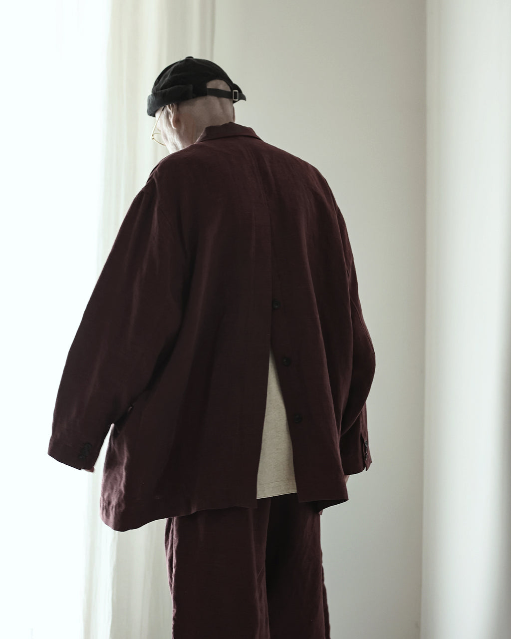 French Linen Back-Open Button Design Semi-Double Jacket <#burgundy>