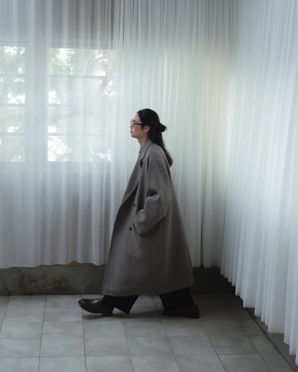 Wool Blend Double-Breasted Long Coat <#greige>