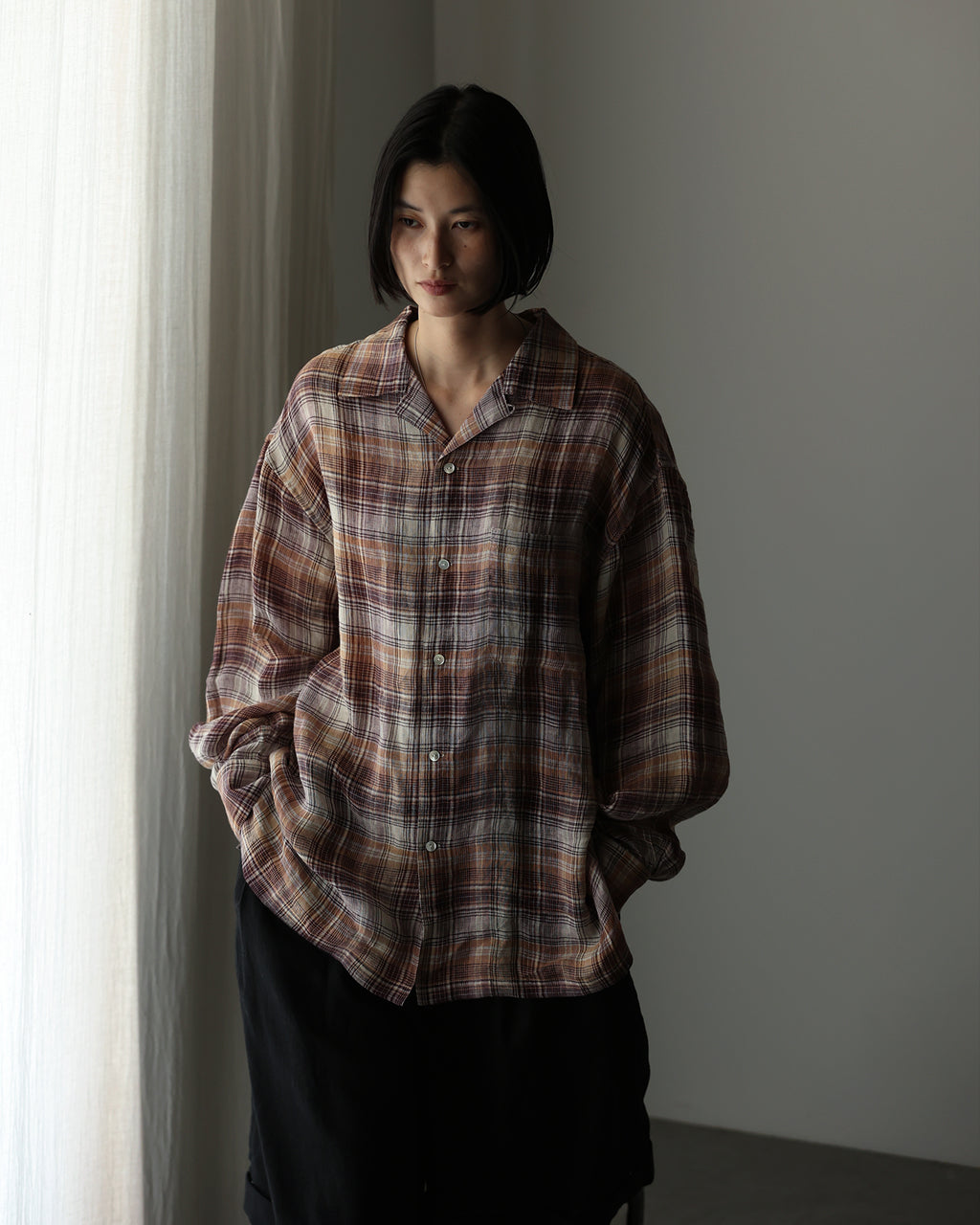 Linen Madras Check Open Collar Long-Sleeve Gathered Shirt<#red check>