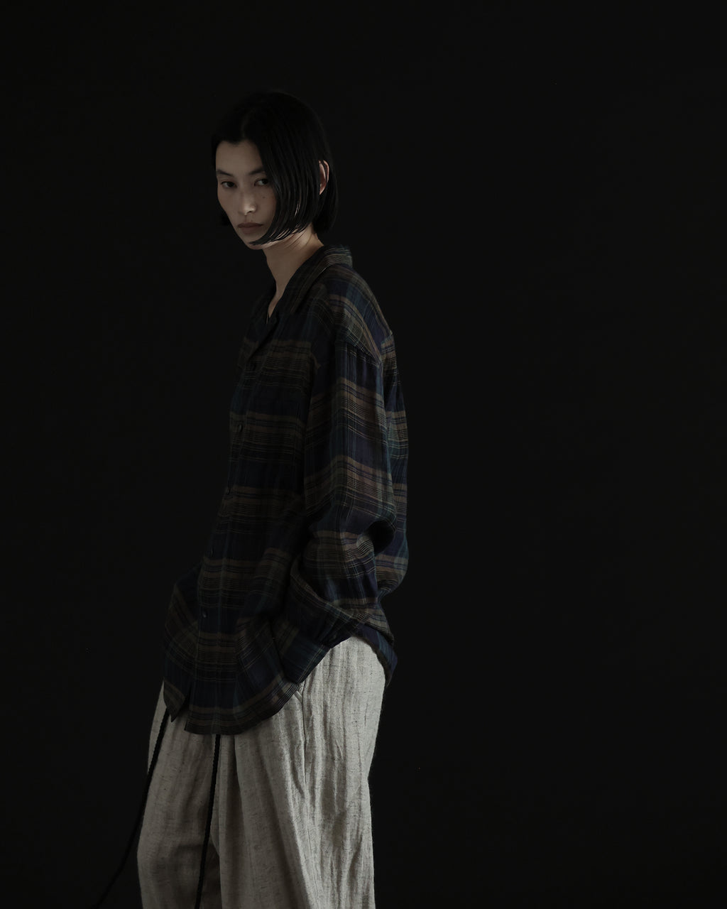 Linen Madras Check Open Collar Long-Sleeve Gathered Shirt<#navy check>