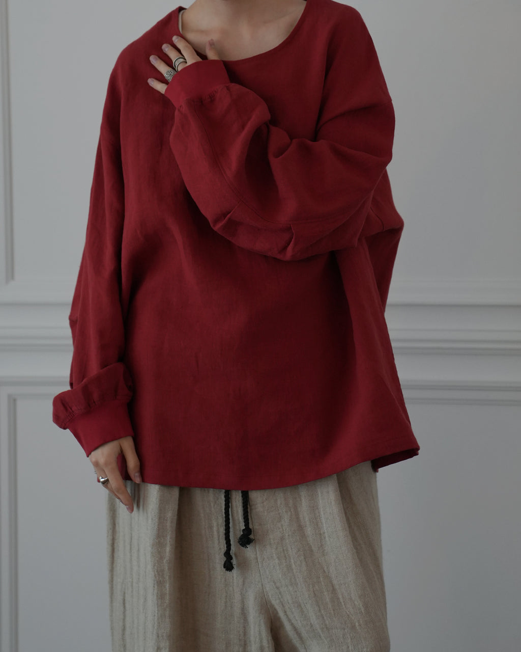 Crew Neck LS Tuck Rib Pullover <#red>