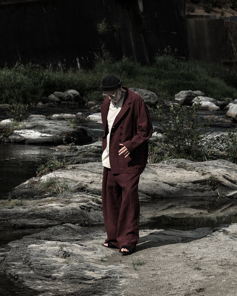 French Linen Back-Open Button Design Semi-Double Jacket <#burgundy>
