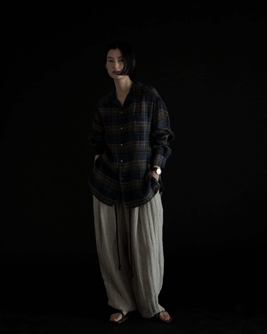 Linen Madras Check Open Collar Long-Sleeve Gathered Shirt<#navy check>
