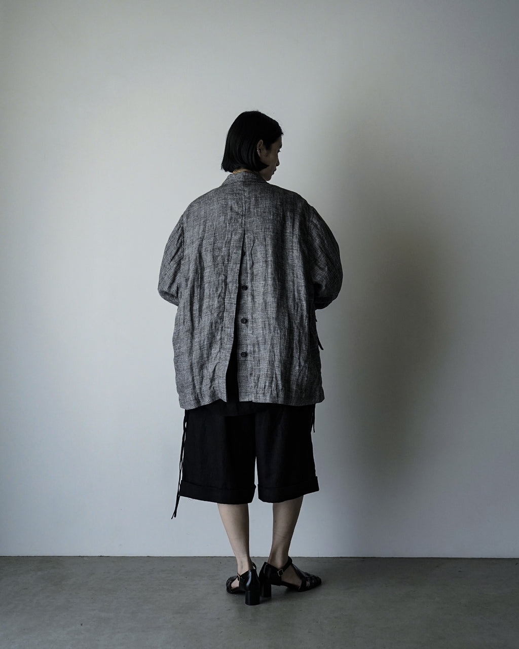 Glen Check Linen Back-Open Button Design Semi-Double Jacket <#glen check>