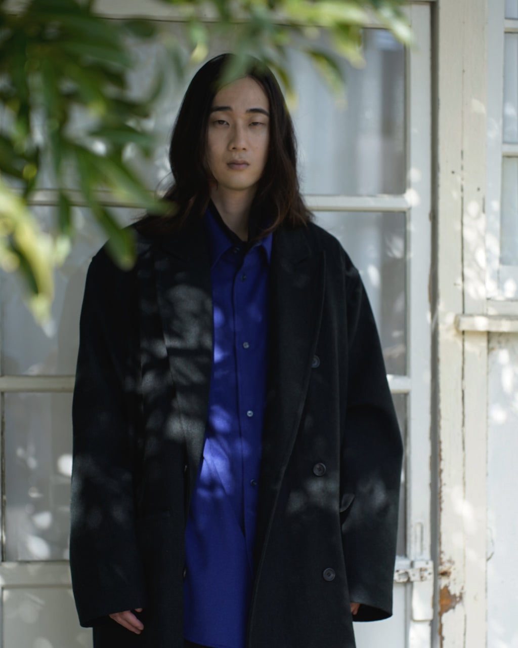 Wool Blend Double-Breasted Long Coat <#black>