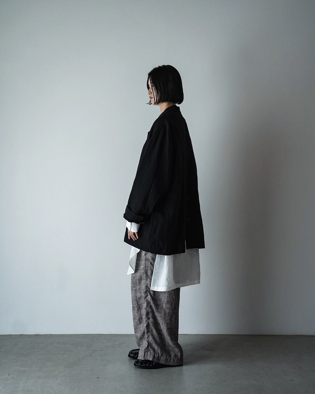 Glen Check Linen Back Belt 3Tuck Wide Straight Trousers <#glen check>