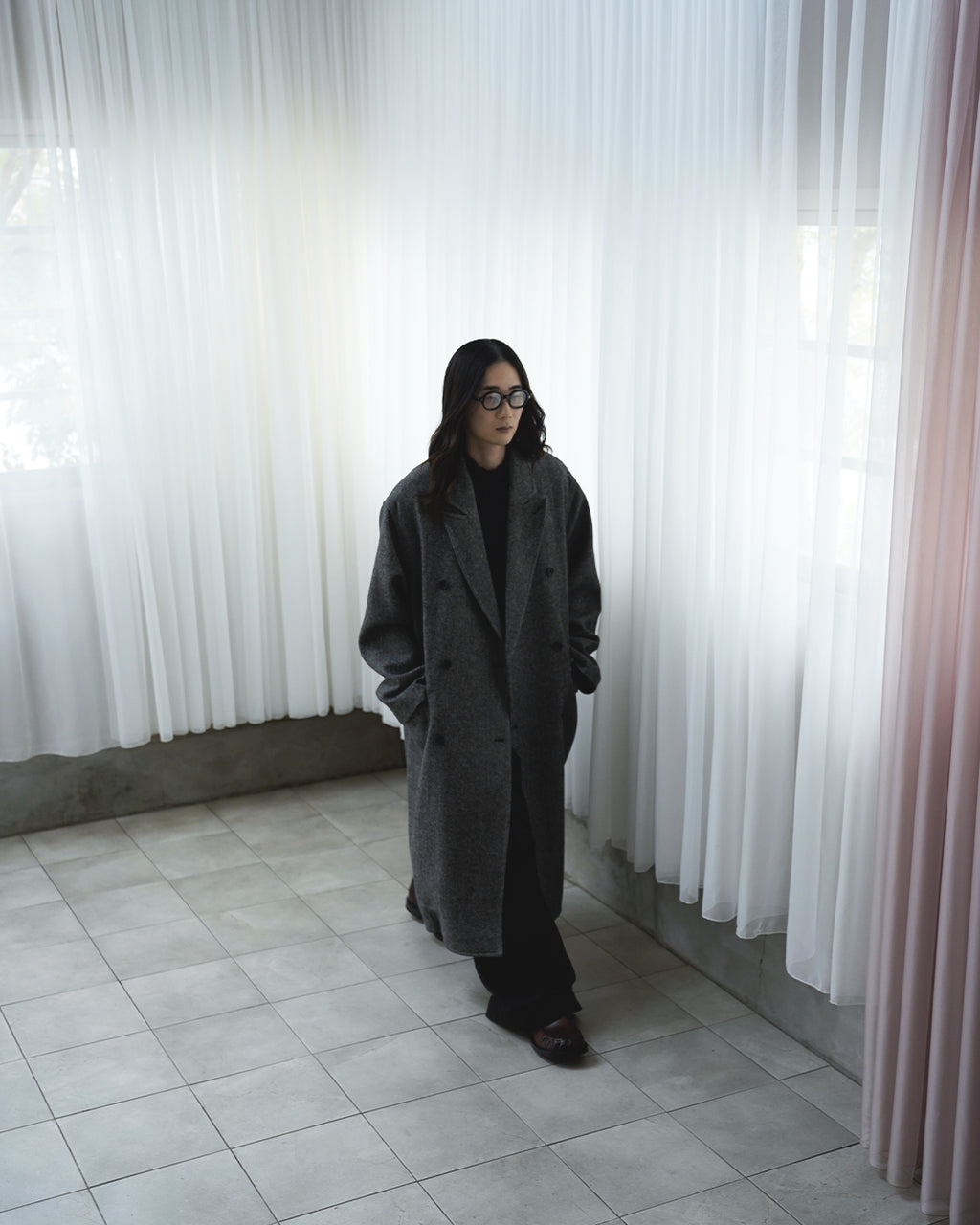 Wool Blend Double-Breasted Long Coat <#gray>