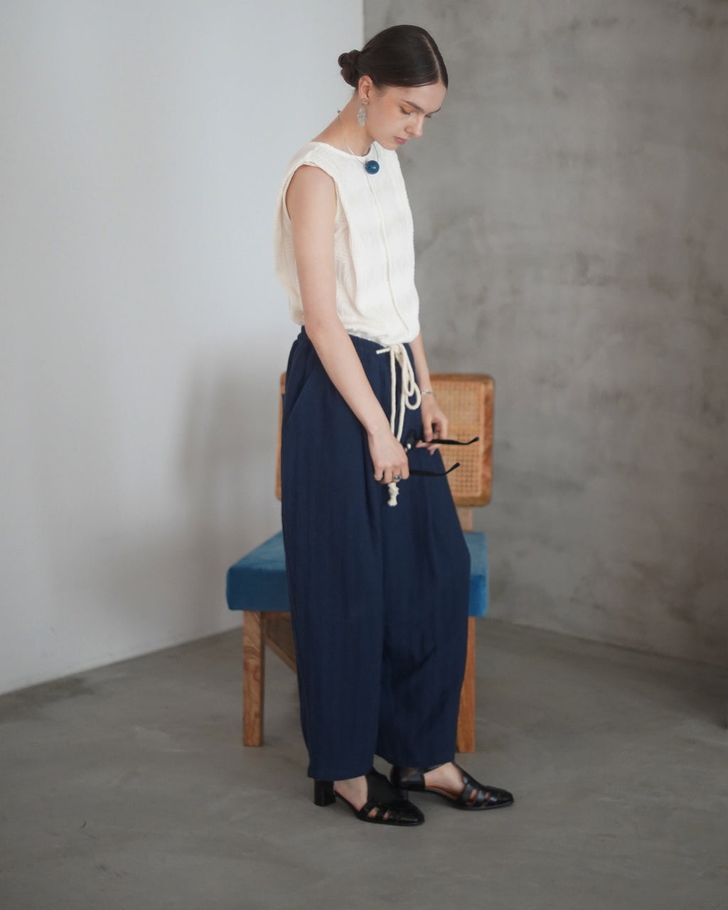Ankle Length Easy Sarouel Pants <#navy>