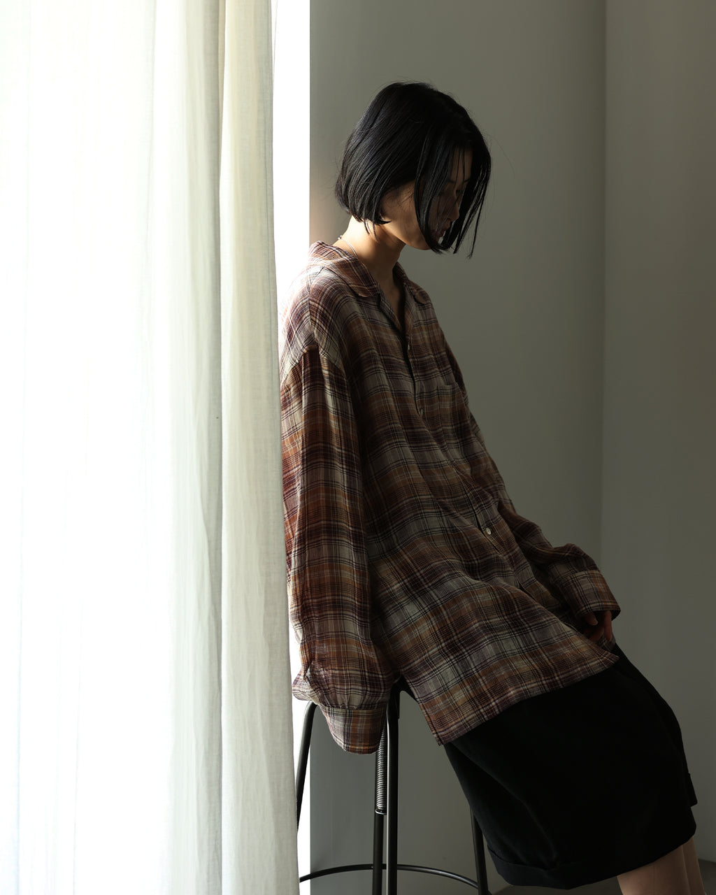 Linen Madras Check Open Collar Long-Sleeve Gathered Shirt<#red check>