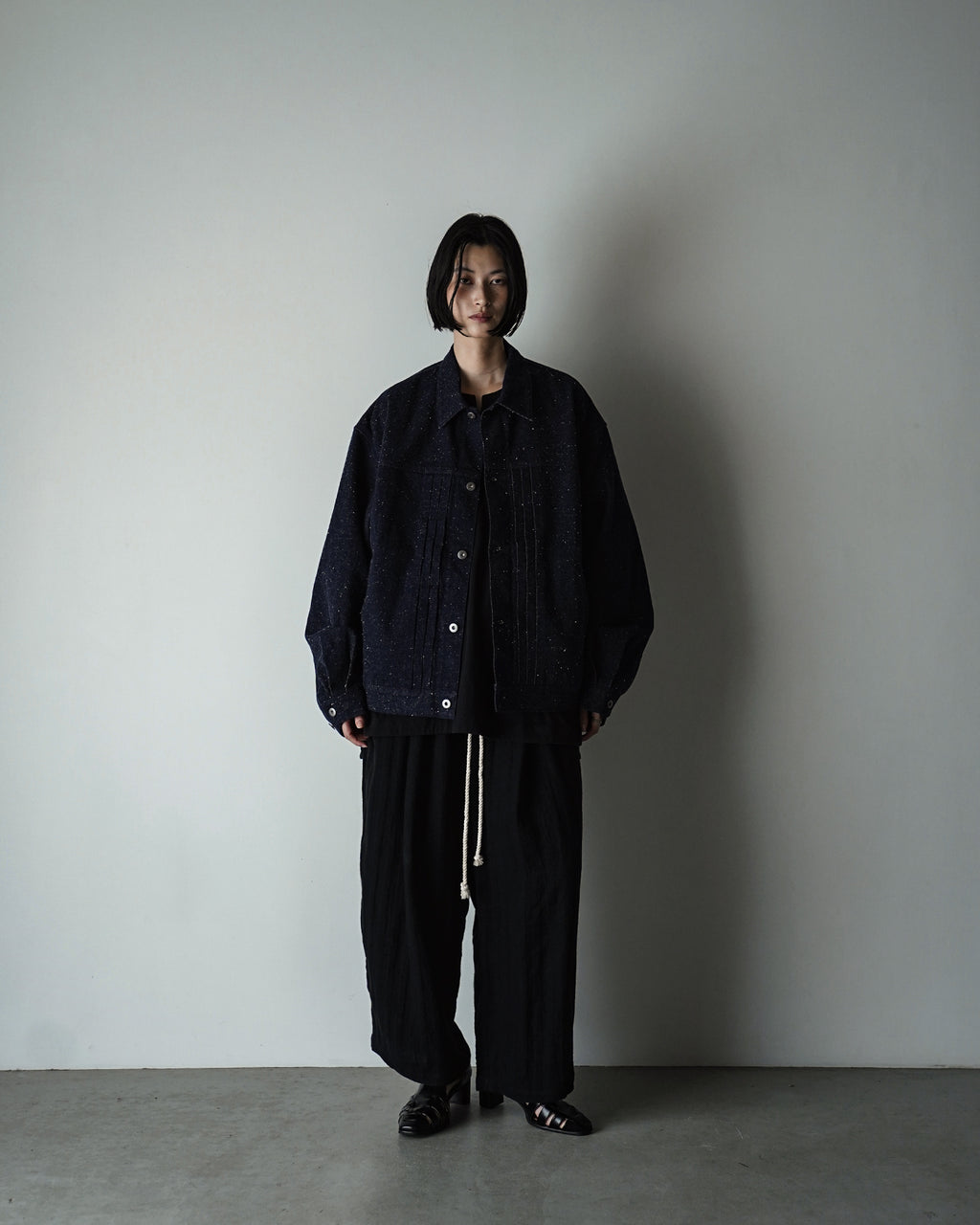 Linen Herringbone Button-Fly Easy Sarouel Pants <#black>
