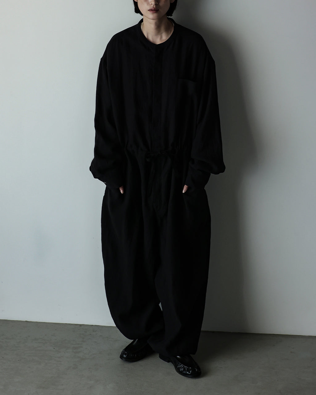 Wash Linen Band Collar Long-Sleeve Jumpsuit <#black>