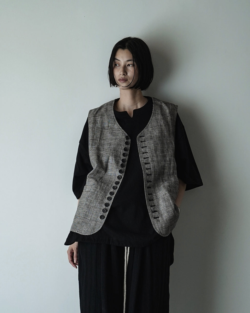 Glen Check Linen Back Belt Button Design V-Neck Vest <#glen check>