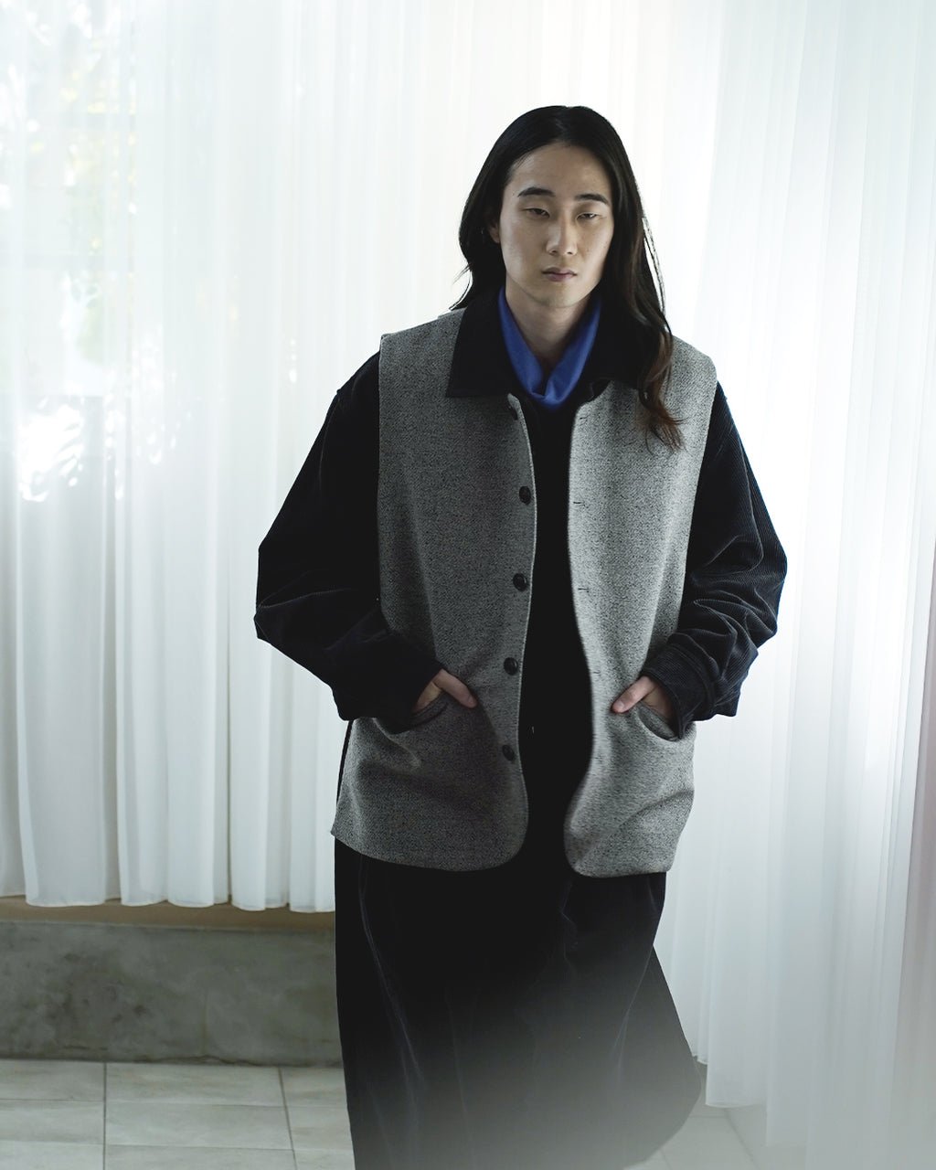 Wool Blend Tweed Back-Open Layered Crew Neck Vest <#greige>