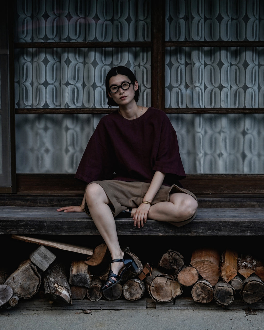 French Linen Crew Neck Half Sleeve Oversized Pullover <#burgundy>